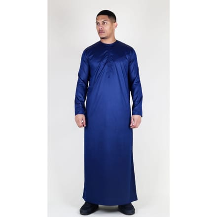 Marineblauwe Thobe-robe voor heren, satijn, Emirati islamitische Jubba Eid, slim fit