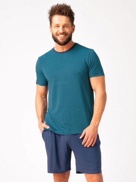 Key Bamboe Heren Pyjama Korte Mouw Streepprint Turquoise Blauw MNS 320 4XL