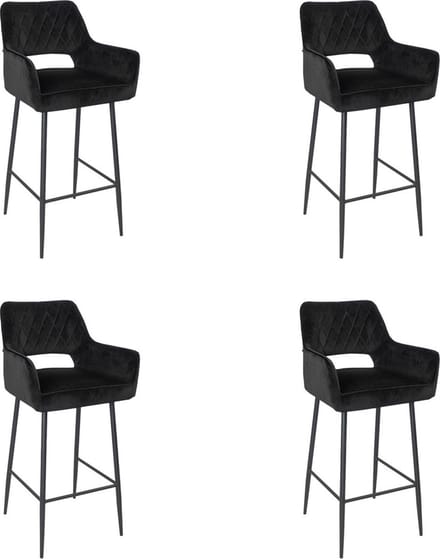 Bronx71® Velvet barkruk Mika zwart 78 cm - Barkrukken set van 4 - barstoel