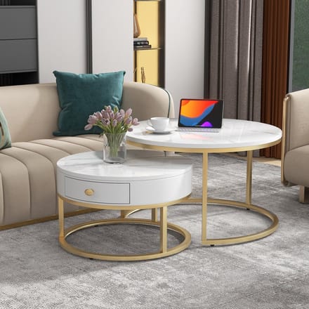 Moderne Nesting Salontafel Set - 2 Ronde Tafels - Hoogglans Marmer - Nesting Beistelltafel - Wit