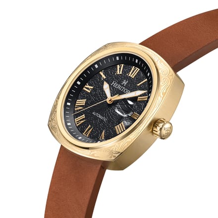 Heritor Automatic Davenport horloge met gegraveerde kast, leren band en datum - goud/bruin