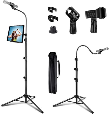 Draagbare Microfoonhouder met Telefoonhouder - Verstelbaar Zwanenhals Statief van 0,9 tot 1,8 m - Inclusief Microfoonclips