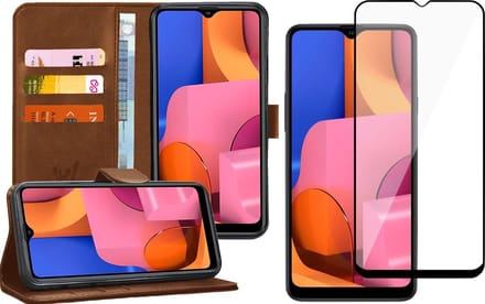 Hoesje geschikt voor Samsung A20s en Screenprotector - Book Case Kunstleer Wallet Cover Bruin + Screen Protector Glas Full Screen