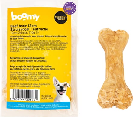 Boomy - Hondensnacks - Kauwbotten hond - Beef Bone met struisvogel en collageen - 12cm - 2 x 2st