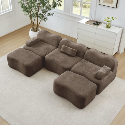 3-Zits-Modulaire-U-Bank-Met-2-Poefs-Fluweel-Bruin-Golvend-Design