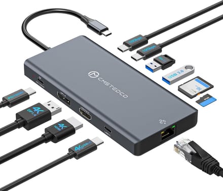 12-in-1 USB C Docking Station met 3 Schermen, HDMI, DisplayPort, 100W PD, Ethernet en USB 3.2