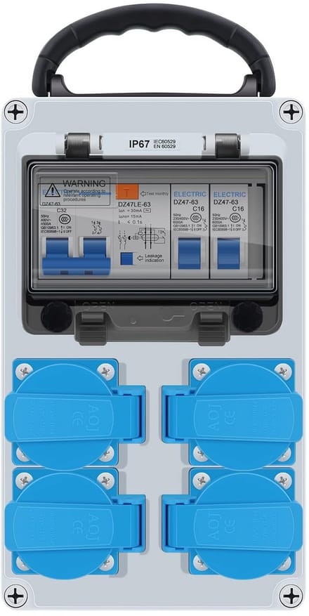 Waterdichte Bouwstroomverdeler met 4 Stopcontacten en Schakelaars IP67
