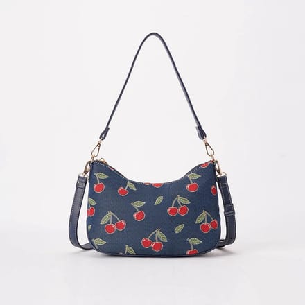 Moon-Shaped Handtas – Cherry – Kersen – Blauwe Achtergrond – Gobelinstof – Signare