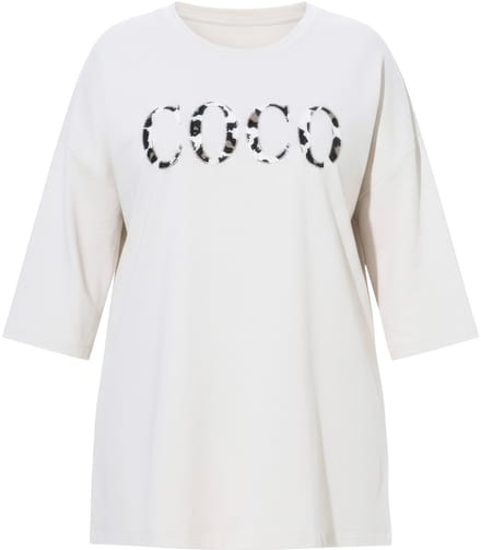 MIAMODA - Dames - T-shirt oversized COCO leo-applicatie - Grijsbeige - Maat 46+