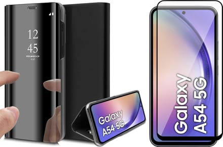 Hoesje geschikt voor Samsung Galaxy A54 - Screen Protector FullGuard - Book Case Spiegel Zwart & Screenprotector