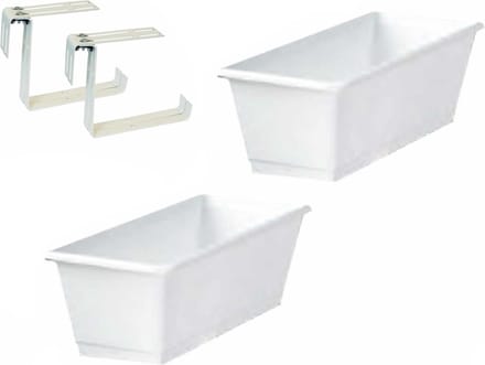Set van 2 kunststof plantenbakken wit rechthoekig 40 cm met 4 verstelbare railing beugels