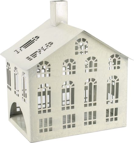 Metalen windlicht huis white crackle
