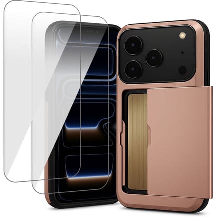 Hoesje met Pasjeshouder geschikt voor iPhone 17 Pro Max - 2x Screen Protector GlassGuard - Back Cover SlideCase Roségoud & Screenprotector
