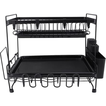 Égouttoir à vaisselle pliable à 2 niveaux, polyvalent et pratique, avec porte-ustensiles black