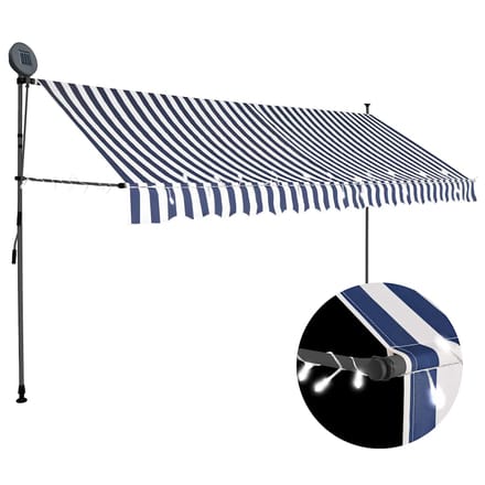 vidaXL - Luifel - handmatig - uitschuifbaar - met - LED - 400 - cm - blauw - en - wit