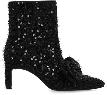 Manfield - Dames - Zwarte glitter enkellaarsjes met hak - Maat 38
