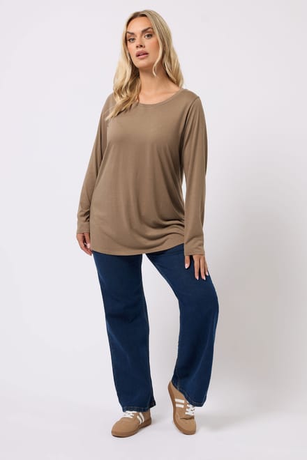 Yours Natural Brown Tshirt Met Lange Mouwen Size 48