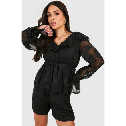 boohoo Dames Petite Burnout Bloemenruches Top | Black | Maat: 8