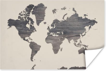 Poster Wereldkaart - Grijs - Hout - 30x20 cm
