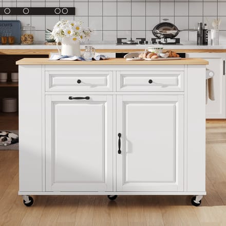 REDOM - Verrijdbaar Keukeneiland - Uitschuifbaar Werkblad En Afvalvak - Modern - Voor Keuken En Eethooek - MDF - Wit En Naturel
