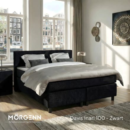 Mörgenn Boxspring Amsterdam - Pocketvering - Zwart - 100x210 cm - Inclusief Dekbed en Kussens
