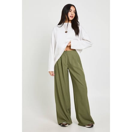 boohoo Dames Geweven Getailleerde Geplooide Wijde Pijpenbroek | Kaki | Maat: 38