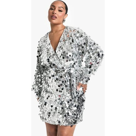 boohoo Dames Plus Sequin Wrap Jurk | Silver | Maat: 18