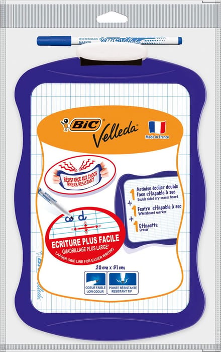 BIC Velleda Double-Sided Dry Erase Board (21 x 31 cm) with Whiteboard Marker and Eraser - Assorted Frame Colours Pack of 1