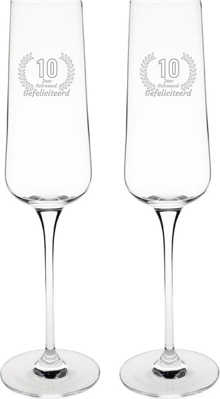 Gegraveerde set champagneglazen 27cl Gefeliciteerd 10 jaar getrouwd
