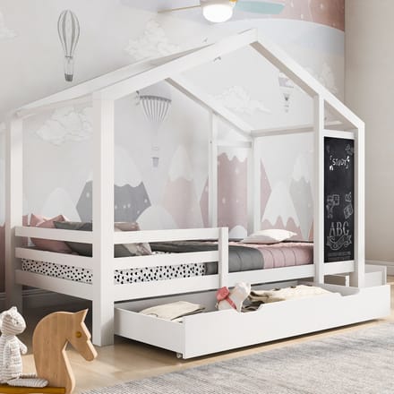 Wishdor Kinderbed in Huisvorm met Schoolbord en 2 Laden – Wit – 90x200 cm