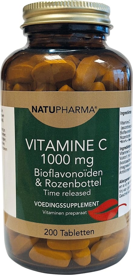 NatuPharma Vitamine C1000 bioflavonoiden & Rozenbottel - time released - Vegan- 200 tabl