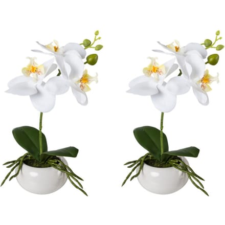 Kopu® Set 2 stuks Mini Kunstplant Orchidee 27 cm in witte Sierpot - Wit