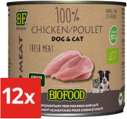 12x Biofood Organic 100% Kip voor hond en kat -  200g