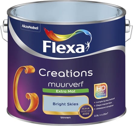 Flexa - Creations - Muurverf - Extra Mat - Kleur van het Jaar 2022 - Bright Skies - Blauw - 2,5 liter