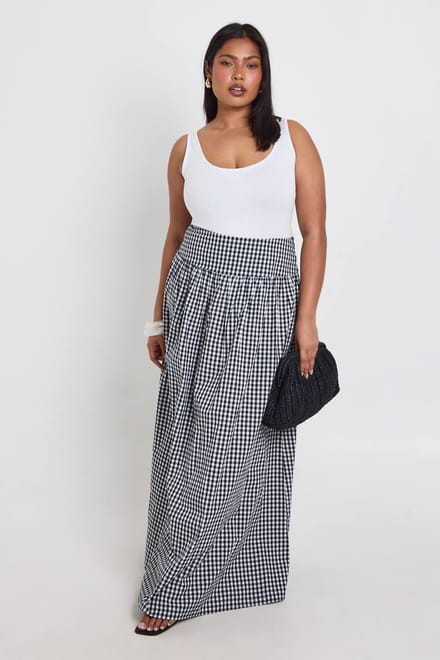 boohoo Dames Plus Geruite Poplin Maxi Rok | Zwart | Maat: 48