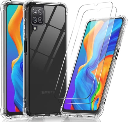 Anti-Shock silicone hoesje met 2 Pack Tempered glas Screen Protector Geschikt voor: Samsung Galaxy A12