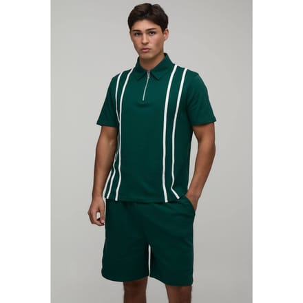 Regular Fit Polo & Jersey Short Set Met Rits En Strepen | Forest | Size Medium