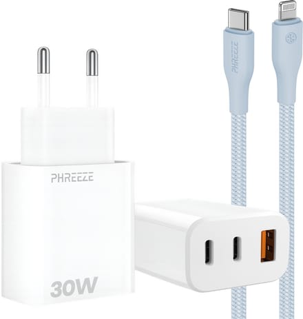30w laadsetje geschikt voor iPhone en iPad met Lightning kabel 1m 3 poorten snellader adapter