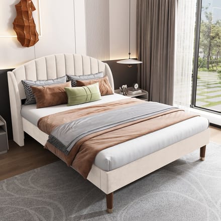 REDOM Bedframe 140x200 cm – Fluweel – Hoog hoofdbord – Lattenbodem – Beige – 300 kg
