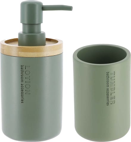 Tendance Badkamer accessoires set 2-delig - Polyresin/bamboe - groen - robuust - matte coating - luxe set