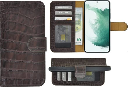 MoDo hoesje Geschikt voor Samsung Galaxy S22 Plus - Echt Leer Book Case - Croco Chocoladebruin