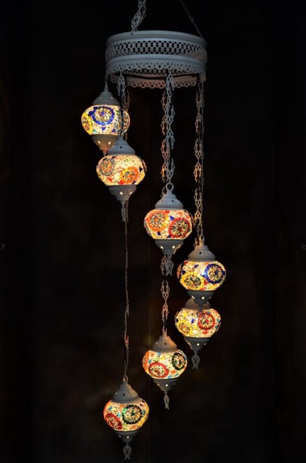 Hanglamp multicolour bruin zwart wit glas mozaïek Oosterse lamp kroonluchter Crèmewit 7 bollen