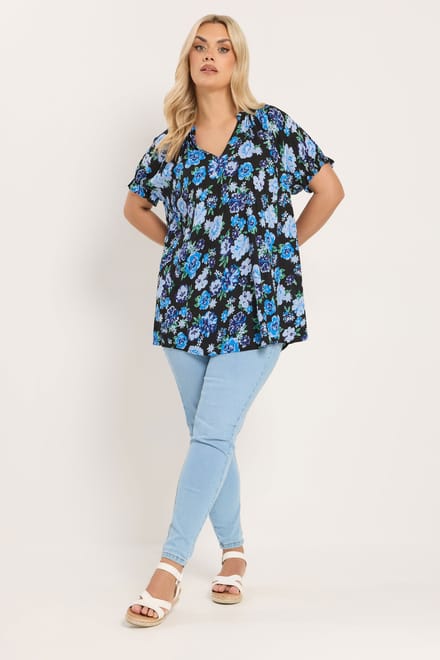 Yours Zwarte En Blauwe Bloemenblouse Met Notch Neck Size 48