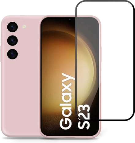 Geschikt voor Samsung S23 Plus Hoesje + Screenprotector – Full Cover Gehard Glas – Suède Back Cover Case Rose