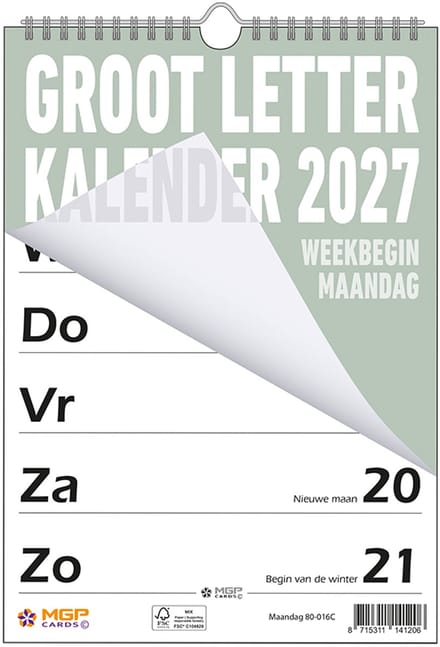 MGPcards - Grootletter kalender - 2027 - Week begint op maandag - 21 x 34 cm - Groen