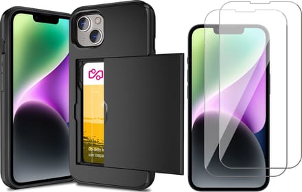 Hoesje met Pasjeshouder geschikt voor iPhone 15 Plus - 2x Screen Protector GlassGuard - Back Cover SlideCase Zwart & Screenprotector