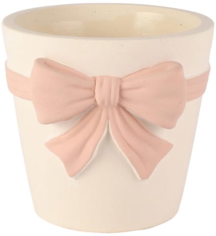 Dekoratief | Bloempot m/strik, wit/roze, cement, 15x14x13cm | A260460