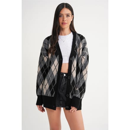Oversized Argyle V-hals Geknopte Cardigan