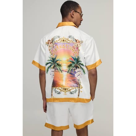 Oversized Shirt Met Korte Mouw En Short Set Met Locatieprint In Satijn | Yellow | Size Medium