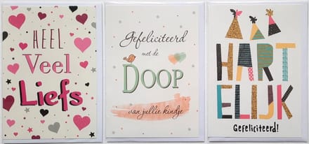 3 Wenskaarten - Doop + Heel veel liefs + Hartelijk Gefeliciteerd - 12 x 17 cm – Doo-302